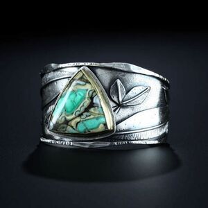SILVER TURQUOISE GEOMETRIC BOHO WESTERN LEAF UNISEX RING